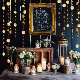 52Ft Gold Twinkle Circle Dot Star Garland Decoration,Hanging Shiny Paper Garland for Backdrop Kid Room Birthday Baby Shower Wedding Graduation Party Decorations