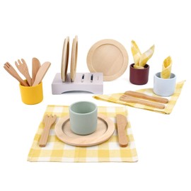 Pillowhale Wooden Toy Plates and Dishes Set,Play Kitchen Cutlery and Plate Set,21Piece Kids Kitchen Playset Accessories for Toddlers Boys Girls Ages 3+