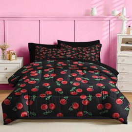 Nesker 5 Pcs Comforter Set Twin Size, Retro Red Black Cherry Fruit Bedding for Kids Teen, Summer Leaves Bed Sheetwith Pillowcase & Sham
