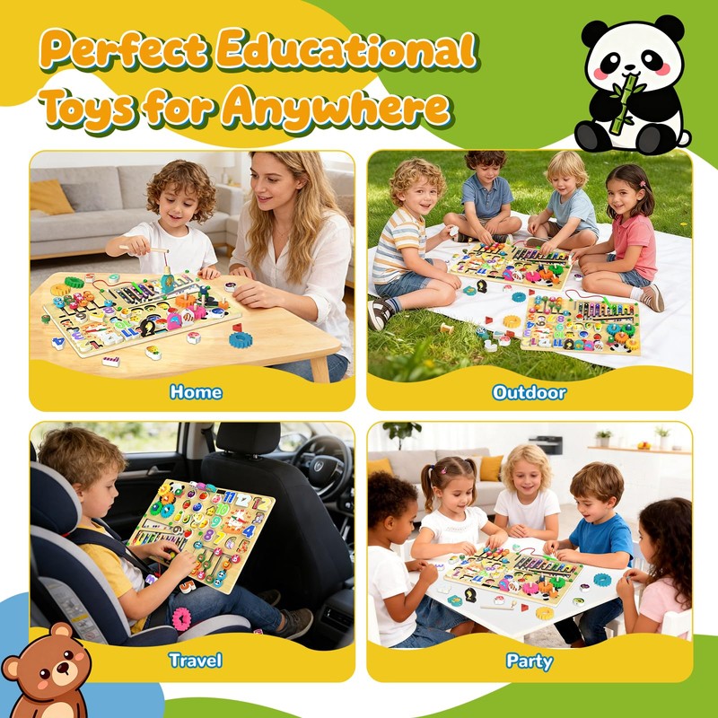 9-in-1 Montessori Busy Board Wooden Magnetic Maze Toy for 3+