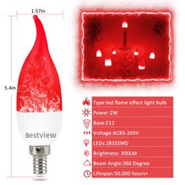 Bestview LED Flame Effect Light Bulbs,3 Modes Flickering Light Bulbs, Smart E12 Chandelier Base Candle Fire Light Bulb for Halloween, Christmas, Porch Indoor&Outdoor Home Decoration -6 Pack(Red)