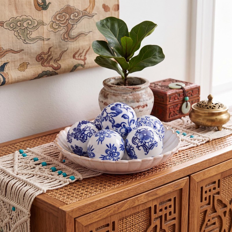 6 Pcs Blue and White Ceramic Ball Decor, Pattern 6