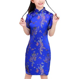 Girls Chinese Qipao Dress Dragon Pattern Short Sleeve Cheongsam Costume for Birthday Party Wedding (US, Age, 6 Years, 7 Years, Royal Blue Dragon)