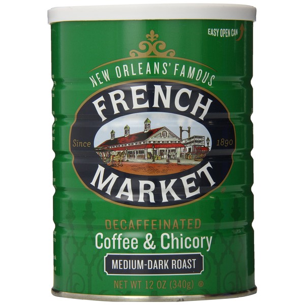 French Market Coffee, Coffee & Chicory, Decaffeinated Medium-Dark Roast Ground Coffee, 12-Ounce Metal Can