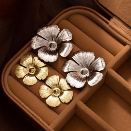 DIAMANTIO 18K Gold Plated, Two-Tone Metallic Flower Drop Earrings – Silver & Gold Statement Floral Dangle Earrings for Women, Bold Fashion Jewelry