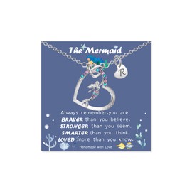 LINY Cute Heart Letter Mermaid Necklace Initial Mermaid Jewelry Mermaid Gifts for Daughter Granddaughter Niece Birthday Back to School Gift (Silver, Letter R)
