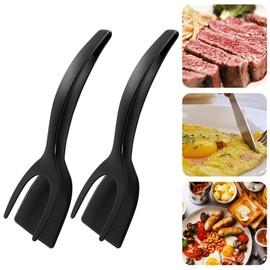 Waziaqoc 2 Pack 2 in 1 Grip and Flip Spatula Tongs, Multi-purpose Fried Egg Double Spatula, Non-Stick Toast Omelet Making Kitchen Shovel for Flipper Egg Tong Pancake Fish French, Black