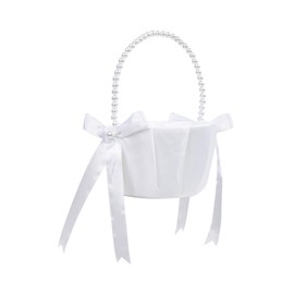 Flower Girl Basket Wedding with Bow, White Wedding Flower Basket with Pearl Handle Flower Basket for Wedding