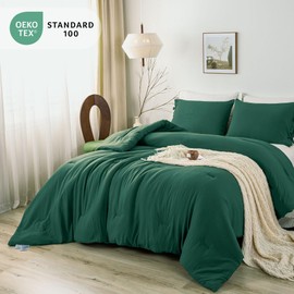 BOHOPOPM Super Soft Double Queen Size Comforter Set, 3 Piece Cozy Comfy Polycotton 1 Fluffy Comforter & 2 Pillow case - Down Alternative Blanket Bedding Set for All Season Forest Emerald Hunter Green