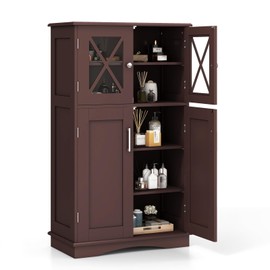 Tangkula Bathroom Storage Cabinet, Freestanding Floor Cabinet w/2 Glass Doors, 3-Level Adjustable Shelves, Anti-toppling Design, Kitchen Pantry Cupboard for Bathroom Living Room (Cabinet, Brown)