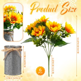 SiliFine 6 Sets Summer Sunflowers Artificial Flowers with Metal Pots Rustic Faux Sunflower Decorations for Tables Centerpieces Spring (Vintage Color)
