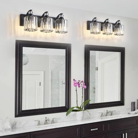 Zqoyn 3-Light Black Bathroom Light Fixture Modern Vanity Lights Over Mirror Vintage Wall Sconce Lighting for Bathroom, Bedroom, Living Room, Hallway E26 Base with Crystal Bathroom Vanity Light