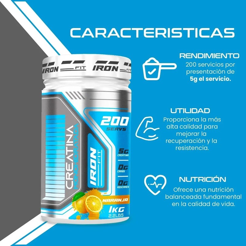 Creatina Monohidratada Iron Fit 1kg Sabores 200 Servicios