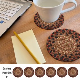 Homespice Gingerbread Jute Woven Rope Coasters 4", Warm Country Decor, Set of 6, Brown - Durable, Absorbs Moisture, Easy to Clean and Protects Furniture