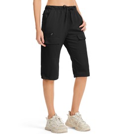 Women's 15" Long Shorts Knee Length Capri Hiking Cargo Shorts Lightweight Quick Dry Elastic Waist for Casual,2037,Black,Large