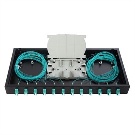 1 U 19" Racks Cabinet LC-OM3 12 Duplex 24 Port Fiber Enclosure Rack Mount Fiber Termination Box (Include 2Pcs Splice Trays 48 Strand OM3 Pigtail 1M Cables Spool+ Patch Panel