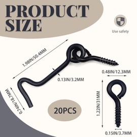 Koceci 20 Pack 2 in Black Hook and Eye Latch, Carbon Steel Gate Latch, Swivel Window Latch, Small Hook and Eye Latch with Mounting Screws for Sliding Door, Barn Door, Gate, Wood Door (Black)