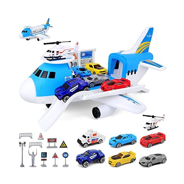 deAO Transport Cargo Plane Car Toy Play Set with Ramp and 6 Mini Car, 1 Helicopter Included Fun Educational Kids Aeroplane Toy for 3, 4, 5,6 Year Olds Toy For Boys Girls