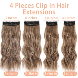 Mscat 24 Inch Clip Hair Extensions Dark Brown with Blonde Clip in Hair Extensions Synthetic Hair pieces 4PCS Full Head Set Thick Curly Wavy Synthetic Hair Extensions for Women(8AH18)