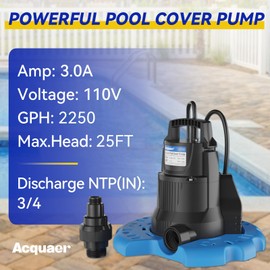 Acquaer 1/4 HP Automatic Swimming Pool Cover Pump, 2250 GPH Submersible Sump Pump with 3/4” Check Valve Adapter & 25ft Power Cord, Water Removal for Pool, Hot Tubs, Rooftops, Water Beds and more
