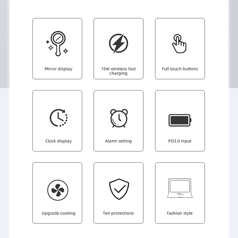 Multifunctional Digital Mirror Clock 15W Wireless Charging Alarm Clock with