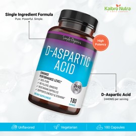 Kaibro Nutra D-Aspartic Acid Supplement for Men, 2440mg D-Aspartic Acid per Serving, Energy & Testosterone Support, Gluten-Free Non-GMO, 180 Vegan Capsules