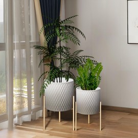 ARNIS Plants Pots with Stand,Set of 2 Flower Pots, Unique Mid Century Decorative Metal Flower Pots with Drainage,10.5&12.25 Inch, Grey and White