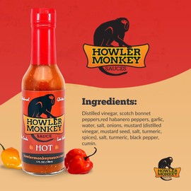 Howler Monkey Sauce Hot - Panamanian Style Hot Sauce with Aji Chombo Pepper - Gluten Free, No Carbs, Low Sodium - Caribbean Flavor - No Thickeners, Preservatives, or Added Sugars - 2-Pack 5oz Bottles