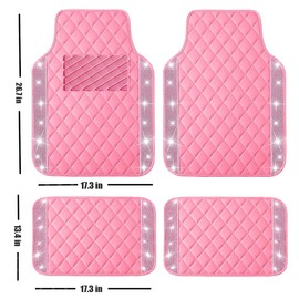 Universal Car Floor Mats with Diamond,Glitter Faux Leather Pink Carpet All Weather Waterproof Crystal Rhinestones Auto Liners Foot Pads Set