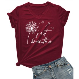 DANVOUY Just Breathe Dandelion T-Shirt for Women Funny Cute V-Neck Shirt Tops Wine Red X-Large