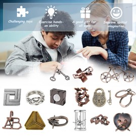 RoseFlower 15 pcs IQ Test Puzzle Brain Teaser Metal Wire Puzzles Mind Game Educational Toys Disentanglement Unlock Interlock Game Magics Trick Toy for Party Favor Kids Adults Challenge Interlock Games