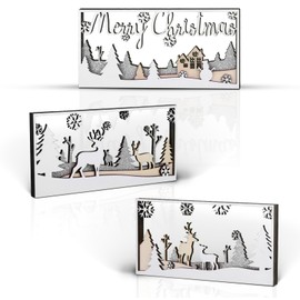 Treory Christmas Table Decorations Sign, 3 Pcs Elk Christmas Tree Snowflake "Merry Christmas" Snow View Xmas Wooden Ornament，Christmas Rustic Farmhouse Table Decor, Christmas Tiered Tray Decor