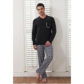 KUYIGO Mens Pajamas Set Sleepwear V Neck Long Sleeve Top and Plaid Pants 2 Piece Pjs Loungewear with Pockets,Black,XXL