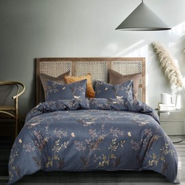 Wake In Cloud - Gray Comforter Set, Birds Floral Flowers Leaves Pattern Printed on Dark Grey, Soft Microfiber Bedding (3pcs, Full Size)