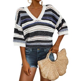 Acelitt Striped Short Sleeve Sweaters for Women 2025 Summer Fashion Trendy Knitted Crochet Tops Vacation Cruise Outfits Resort Wear Black Large