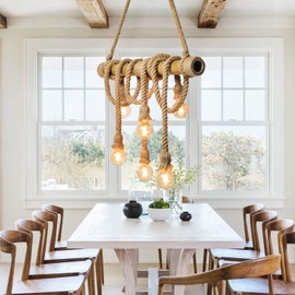 WalmHomie 6 Heads Farmhouse Pendant Lights Rustic Pendant Lights Chandeliers Vintage Hemp Rope Bamboo Hanging Lights for Dining Room