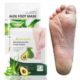 2 Paar Fußmaske, Feuchtigkeitsspendende Fussmaske, Socken Fußmaske für Trockene und Rissige Füße, Sanft Fußpflege für Männer& Frauen Geeignet (Aloe Vera + Avocado)
