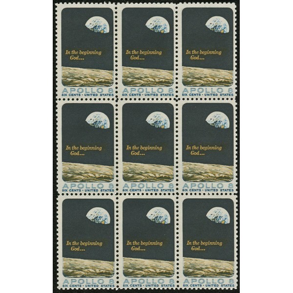 EARTH RISE ~ APOLLO 8 ~ FIRST HUMAN SPACE FLIGHT ~ MOON ~ EARTH #1371 BLOCK OF 9 X 6 US Postage Stamps