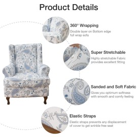 Wing Chair Slipcovers 2 Pieces Stretch Spandex Wingback Chair Covers Sofa Slipcover Printing Wingback Armchair Slipcovers Furniture Protector Couch Soft with Elastic Bottom for Wingback Chairs, D