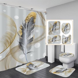 DDQQ 4Pcs Abstract Bubble and Feathers Shower Curtain Set Gray and Golden Bathroom Sets Shower Curtain with 12 Hooks Bathroom Decor with Rugs Bath Accessories with Mats Toilet Lid Cover