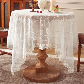 Huierxun White Lace Tablecloth 55 x 55 Inch Vintage Beige Floral Embroidered Square Table Cloth Rustic Boho Shabby Chic Wedding Bridal Shower Table Cover Overlay (Beige A,55"x55")
