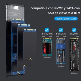 Carcasa ssd M.2 NVMe, Enclosure NVMe+SATA M.2 SSD Caja Disco Duro M.2 con UASP para 6TB con USB 3.1 Gen 2 (10 Gbps) , Adaptador para SSD M Key, B y M Key, Compatible con 2242/2260/2280