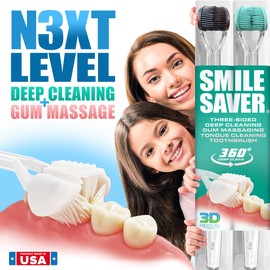 SMILE SAVER 360° Deep Clean 3-Sided Toothbrush | 2-Pack | Deep Cleaning + Gentle Gum Massage + Tongue Cleaner | Everyone can Easily Brush Better Adults Children Braces Travel Gift | Made in The USA