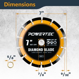 POWERTEC 7" Laser-Welded Segmented Diamond Saw Blade for Wet Tile Saw, Diamond Blade for Cutting Cured Concrete, Block, Brick, Pavers, Masonry, 7 inch Diamond Blades for Wet/Dry Cutting, 1PK (14011)