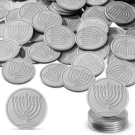 120 monedas de plástico de Hanukkah con bolsa de organza dorada para suministros de fiesta de Hanukkah, juego de caza del tesoro y recuerdos de fiesta (plata)