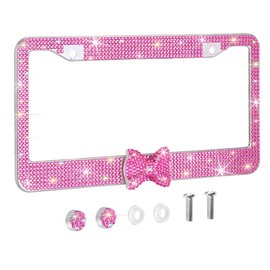 OTOSTAR 1 Pack Bling License Plate Frame with Ribbon Bow, Handcrafted Shiny Rhinestones Premium Stainless Steel 2 Holes License Plate Holder with Anti-Theft Screws Caps Set (Hot Pink/Hot Pink Bowtie)