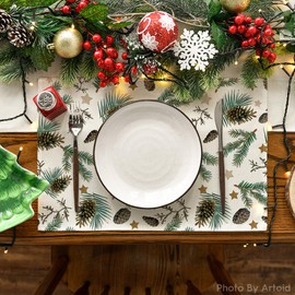 Artoid Mode Star Pine Cones Leaves Christmas Place Mats Set of 4 30 x 45 cm Winter Xmas Table Set Washable Place Mats Kitchen Party Decoration