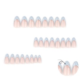 24 Pcs Nude Pink Press on Nails Medium Almond - MINGCHUN Autumn French Tip Light Blue Fake Nails Press ons Nail Art 3D Water Ripple Design Full Cover Artificial Glossy Acrylic Nails for Women and Girl