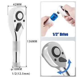 Gasea Stubby Ratchet Wrench, 1/2" Drive Mini Ratchet Handle, 72-Tooth Quick-Release Reversible Ratchet Socket Wrench