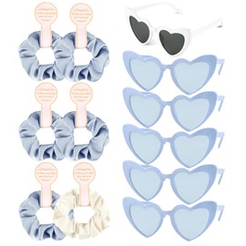 BOUBONI 6 Pcs Satin Bridesmaid Scrunchies 6 Pairs Bachelorette Sunglasses Elastic Bridal Party Hair Ties Ideas Gift Heart Shaped Sunglasses for Wedding Party Bridesmaid Proposal Gifts (Blue, White)